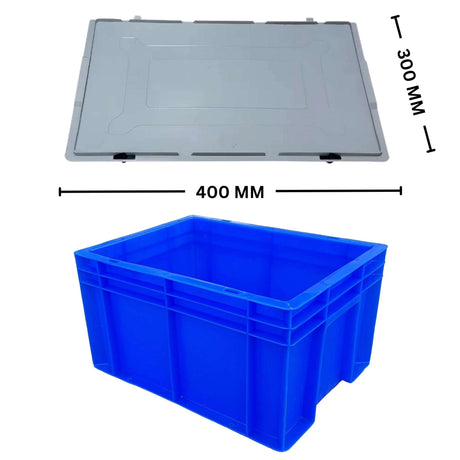 SINGHAL Blue Plastic Crate 400x300x220 MM with Lid, Heavy Duty Portable Storage Basket for Vegetables, Fruits, Milk & More | Multipurpose Shelf Bin