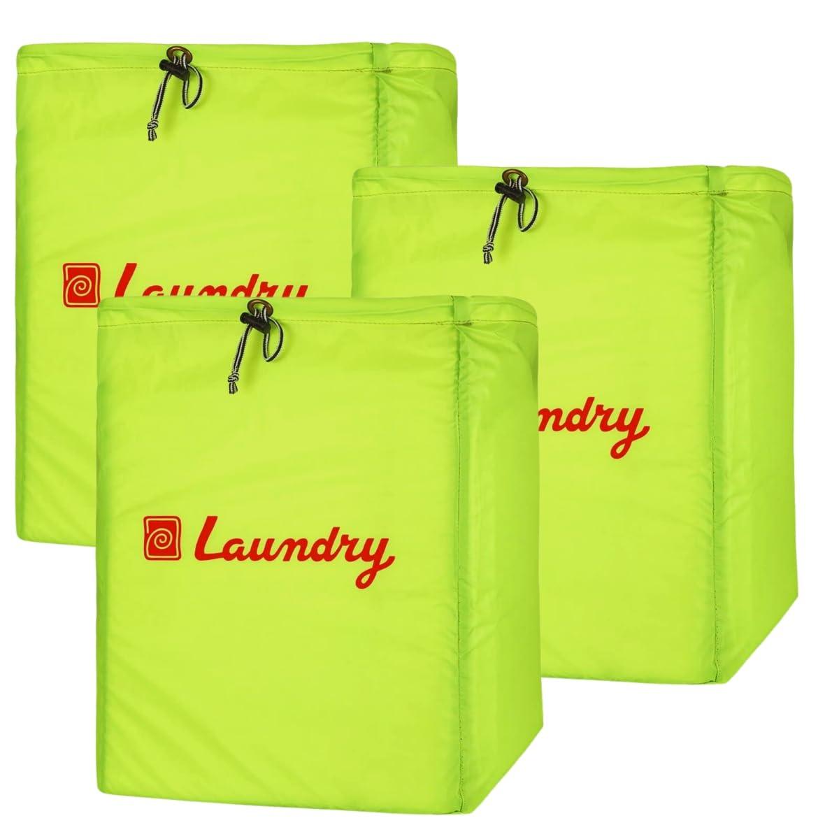 Foldable Laundry Bags with Drawstring, Green, 13x20 Inch – Combo Pack of 3, Great for Travel and Washing Machine Use