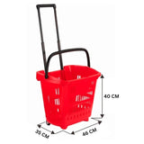 Red Plastic Rolling Shopping Basket with Handle and Wheels, 46x35x40 CM, 35L Capacity – Perfect for Supermarkets and Grocery Runs