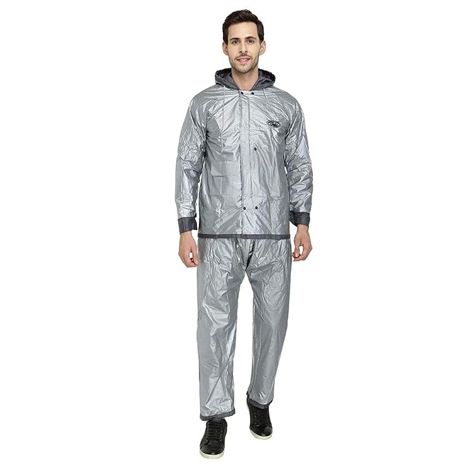 Men's Waterproof Rain Coat with Adjustable Hood, Inner Pockets, and Drawstring. Includes Polyester Jacket, Pants, and Rainwear Suit.