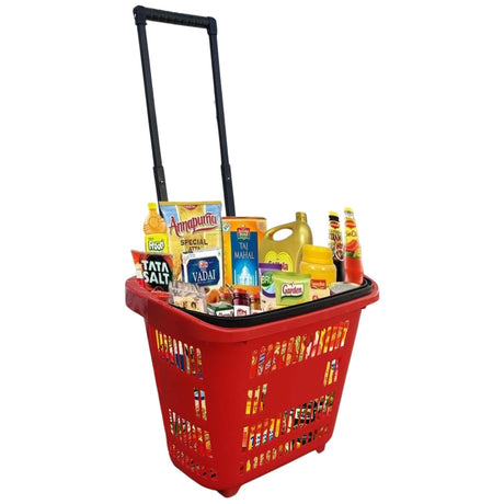 Singhal Plastic Rolling Red Shopping Basket with Handle for Supermarket with Wheels, 46x35x40 CM, 35 LTR Capacity