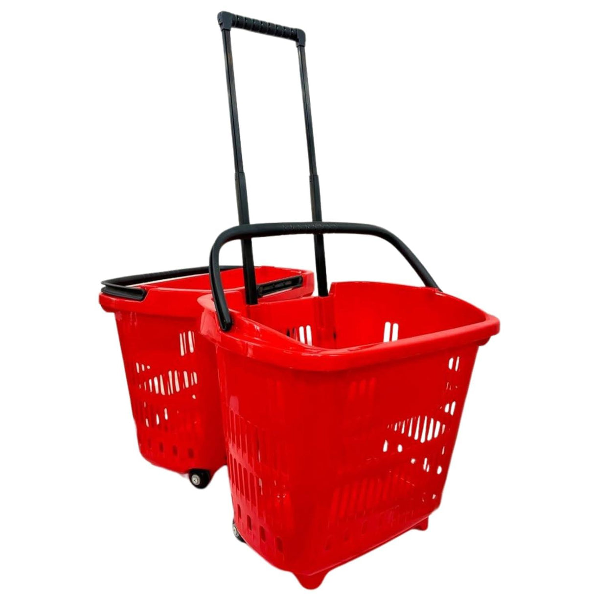 Red Plastic Rolling Shopping Basket with Handle and Wheels, 46x35x40 CM, 35L Capacity – Perfect for Supermarkets and Grocery Runs