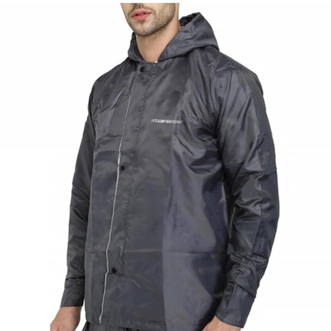 Men's Waterproof Rain Coat with Adjustable Hood, Inner Pockets, and Drawstring. Includes Polyester Jacket, Pants, and Rainwear Suit.