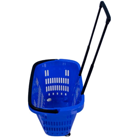 Singhal Plastic Rolling Blue Shopping Basket with Handle for Supermarket with Wheels, 46x35x40 CM, 35 LTR Capacity