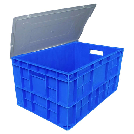 SINGHAL Blue Plastic Crate with Lid 600x400x285 MM, Heavy Duty Multipurpose Portable Storage Basket for Vegetables, Fruits, Milk & Large Items