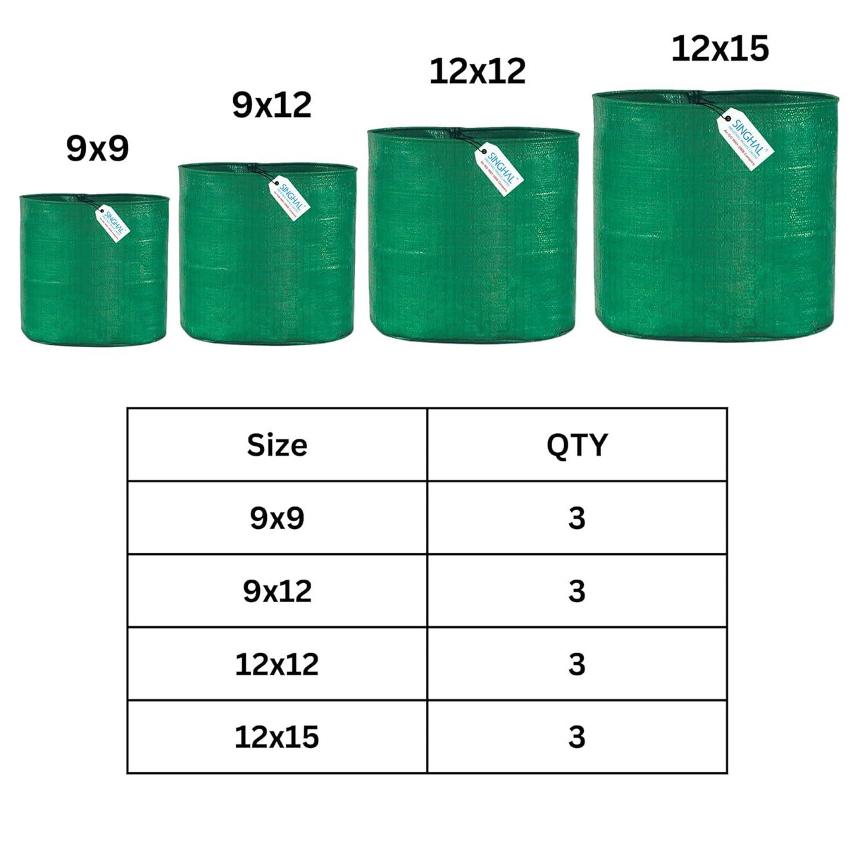 Singhal HDPE UV-Protected Round Plant Grow Bags Combo - 9x9, 9x12, 12x12, 12x15 Inch (Pack of 12 Bags, 3 Bags Each Size) for Terrace and Vegetable Gardening