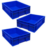 SINGHAL 3-Pack Heavy Duty Blue Plastic Crates (40x30x12 CM) – Versatile Storage Bins for Vegetables, Fruits, Milk, and More