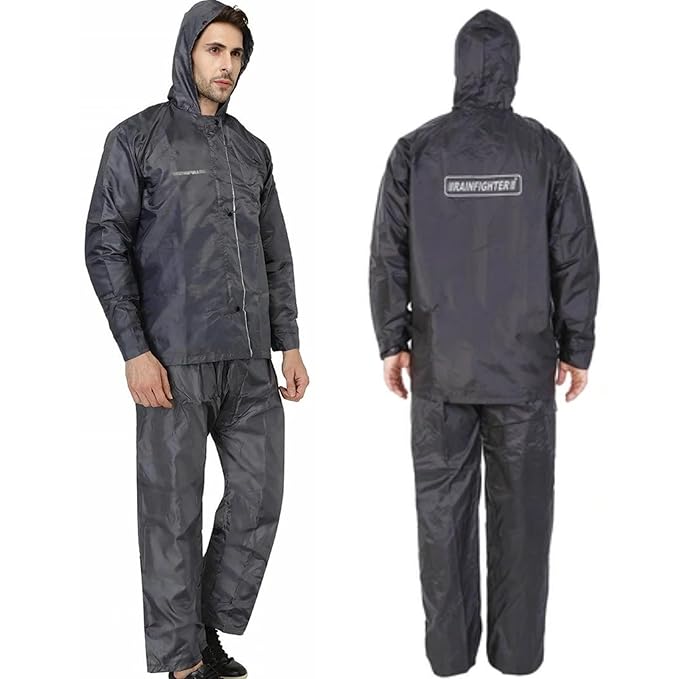 Men's Waterproof Rain Coat with Adjustable Hood, Inner Pockets, and Drawstring. Includes Polyester Jacket, Pants, and Rainwear Suit.