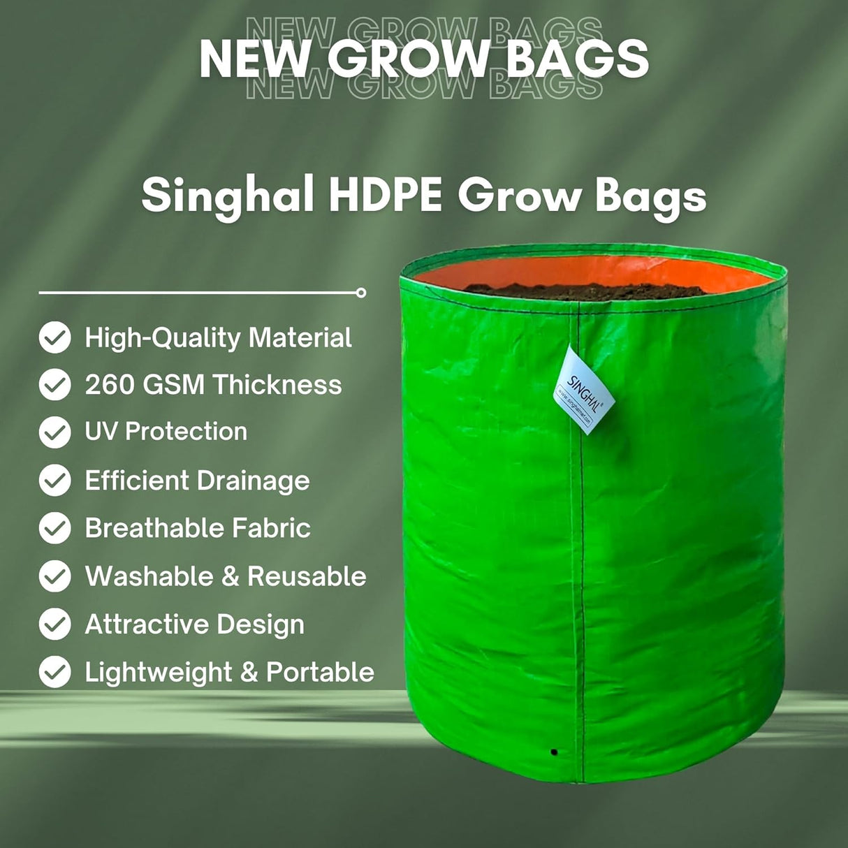 SINGHAL 24x24 inch Grow Bags Pack of 5 for Home Gardening, HDPE Plants Bag for Fruits, Vegetables Flowers, 260 GSM Grow Bag, UV Protected