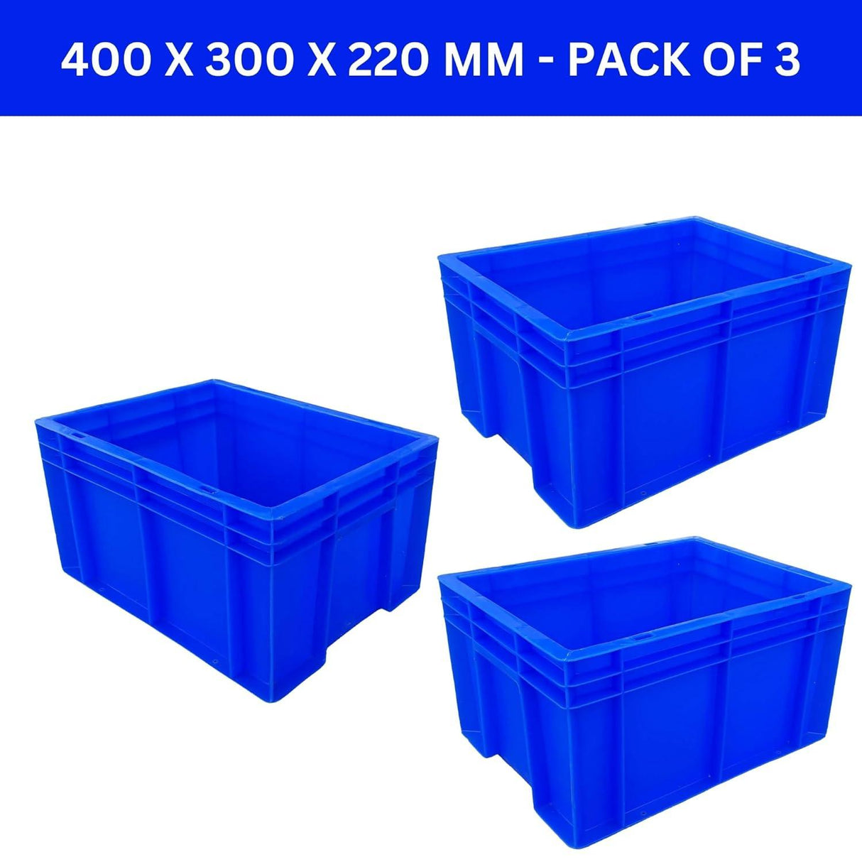 SINGHAL Heavy Duty Blue Plastic Crates - 40x30x22 CM, Set of 3 | Multi-Purpose Storage Bins for Fruits, Vegetables, Milk & More