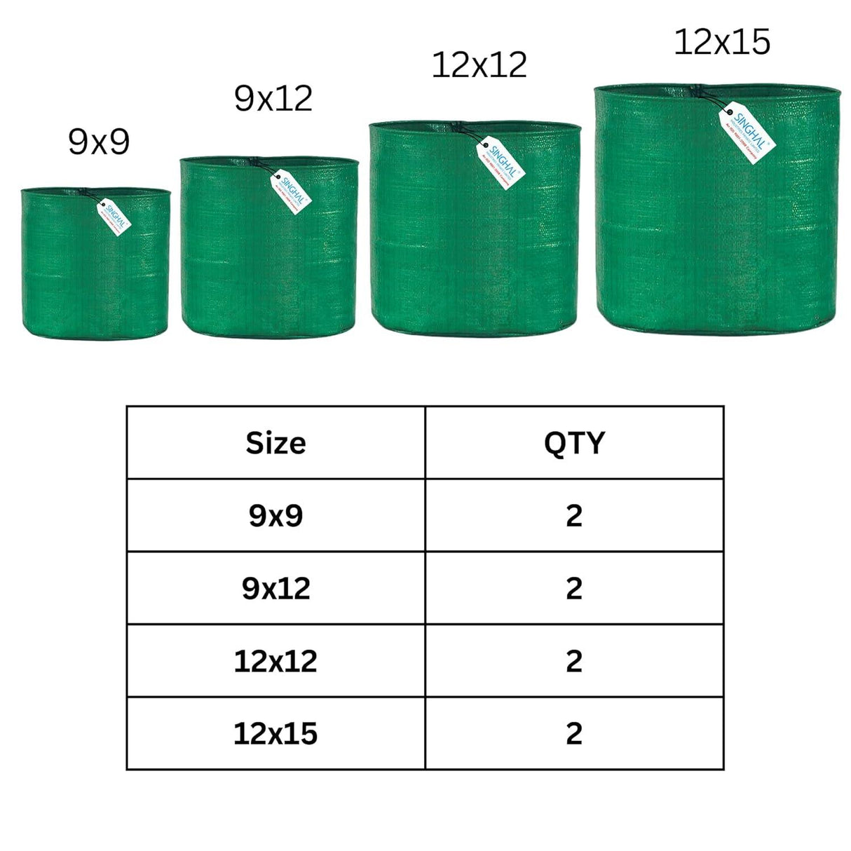 Singhal HDPE UV-Protected Round Plant Grow Bags Set – 2 Bags Each of 9x9, 9x12, 12x12, and 12x15 Inches (Total of 8 Bags) for Terrace and Vegetable Gardening