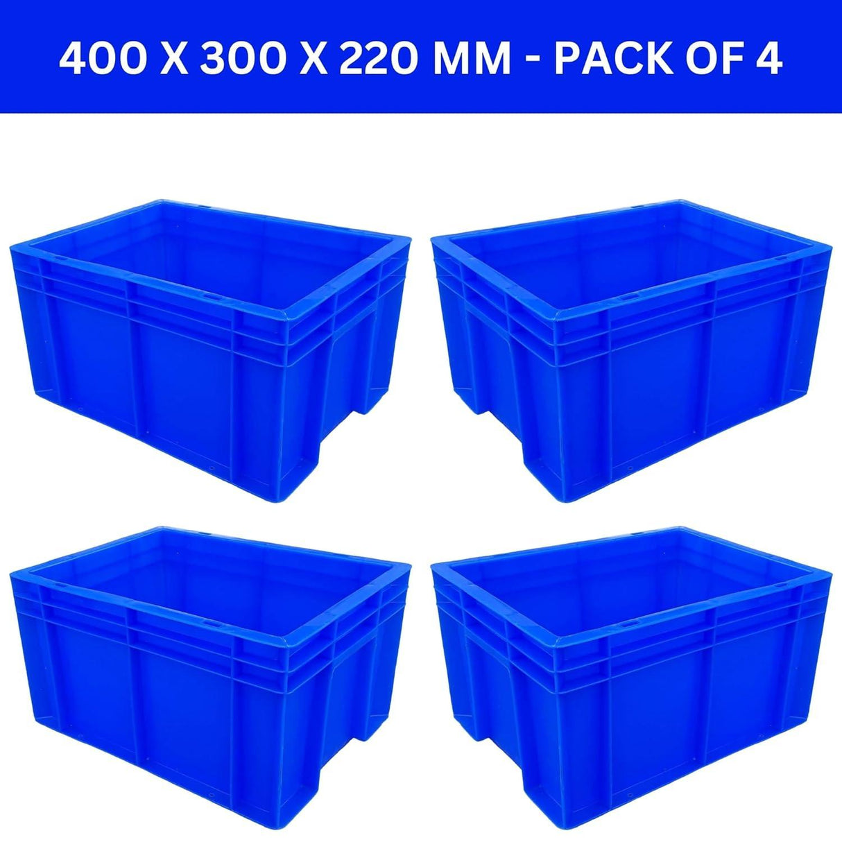 SINGHAL Blue Heavy-Duty Plastic Crates, 40x30x22 CM, Set of 4 – Versatile Storage Baskets for Vegetables, Fruits, Milk, and More