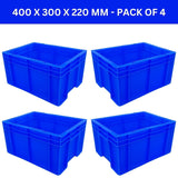 SINGHAL Blue Heavy-Duty Plastic Crates, 40x30x22 CM, Set of 4 – Versatile Storage Baskets for Vegetables, Fruits, Milk, and More