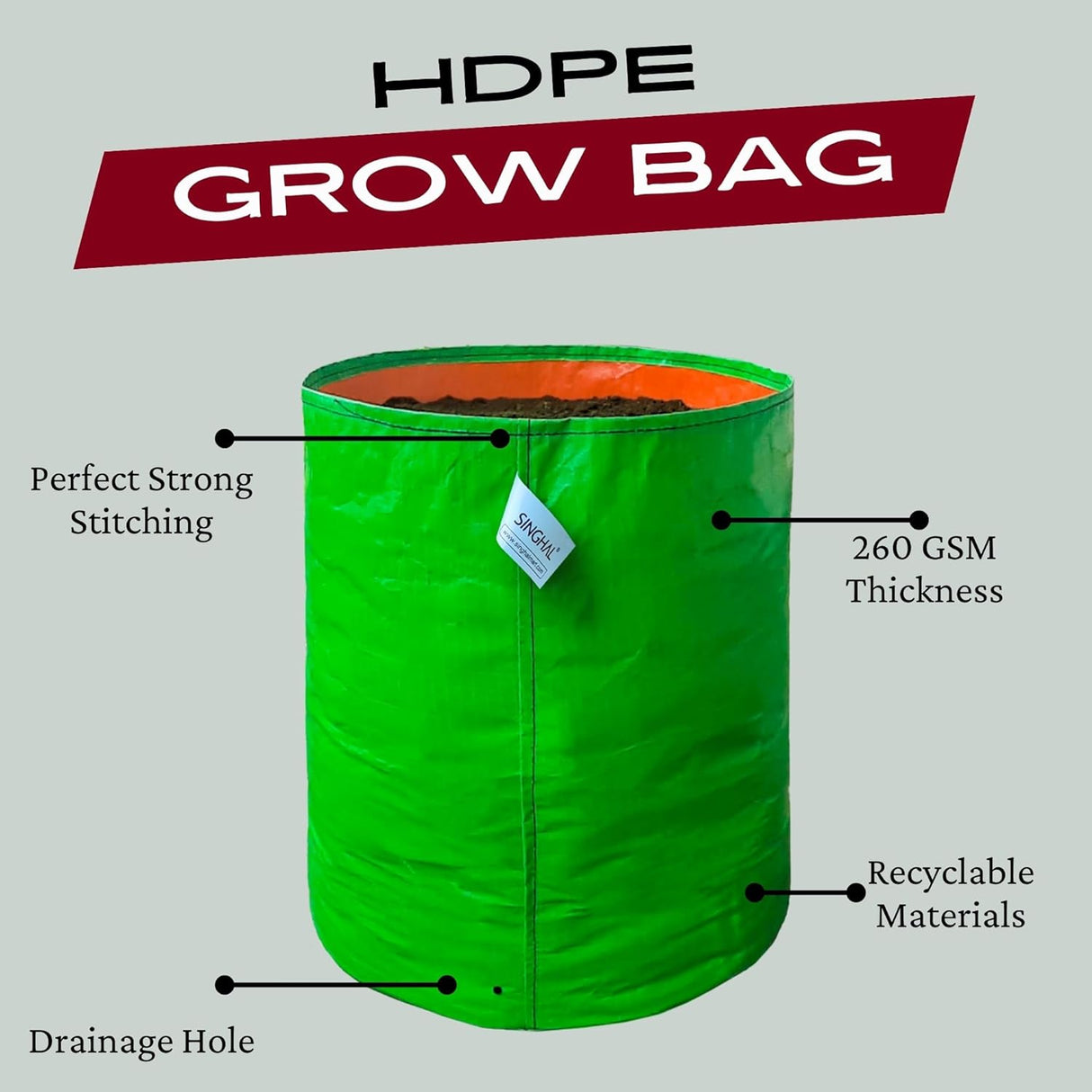 SINGHAL 24x24 inch Grow Bags Pack of 10 for Home Gardening, HDPE Plants Bag for Fruits, Vegetables Flowers, 260 GSM Grow Bag, UV Protected
