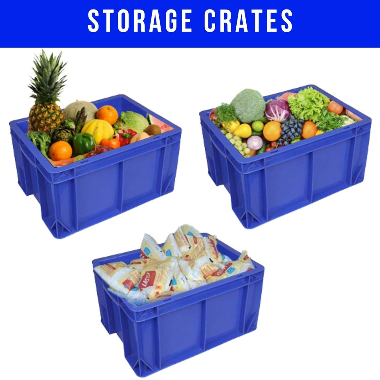 SINGHAL Heavy-Duty Blue Plastic Crates (40x30x22 cm) - Pack of 6 | Versatile Storage Baskets for Vegetables, Fruits, Milk, and More