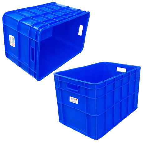 SINGHAL Multipurpose Round Corner Heavy Duty Big Blue Portable Plastic Crate 540 x 360 x 350 mm | Crates for storage | Shelf Basket for Large Storage Bin | Vegetable, Fruit, Milk, Pack of 2