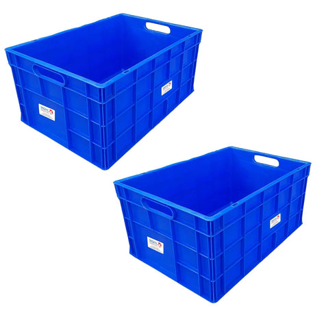 SINGHAL Multipurpose Heavy Duty Big Blue Portable Plastic Crate 650 x 450 x 315 MM | Crates for storage | Shelf Basket for Large Storage Bin | Vegetable, Fruit, Milk, Pack of 2