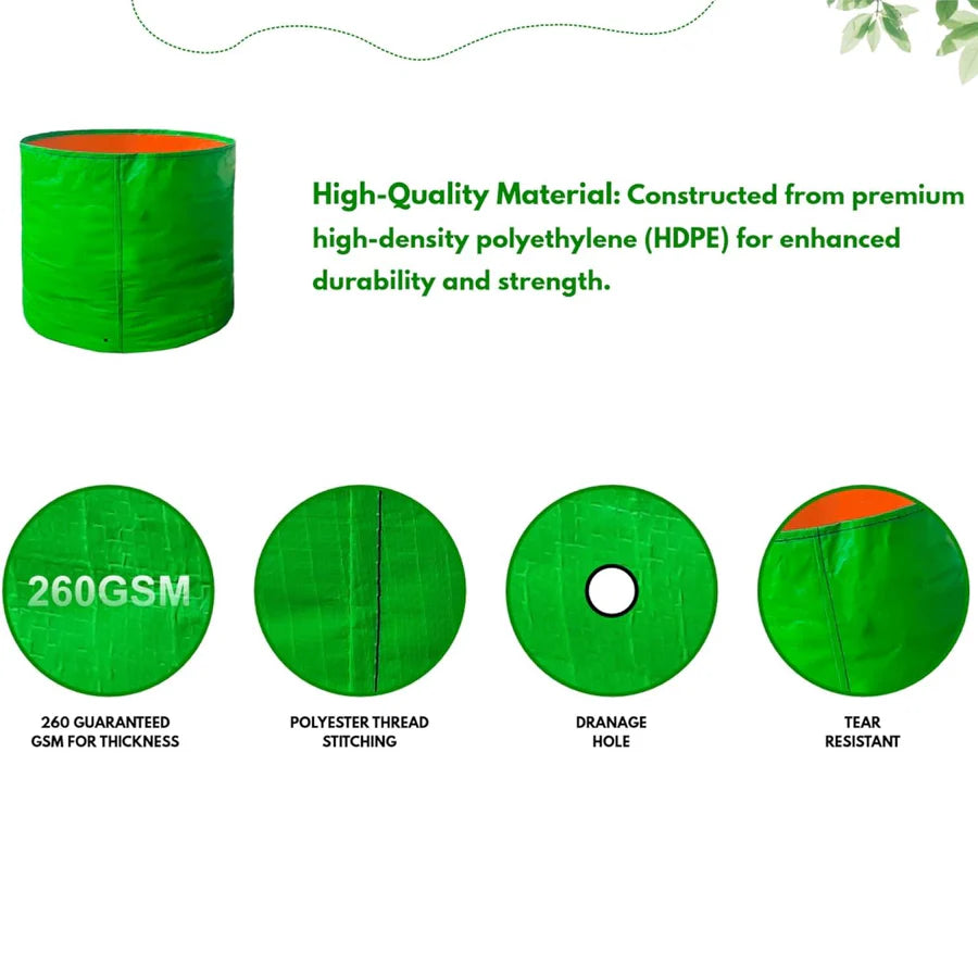 Premium HDPE 24x9 Inch Grow Bags (Pack of 15) – UV-Protected, 260 GSM, Round Green Bags for Terrace and Vegetable Gardening