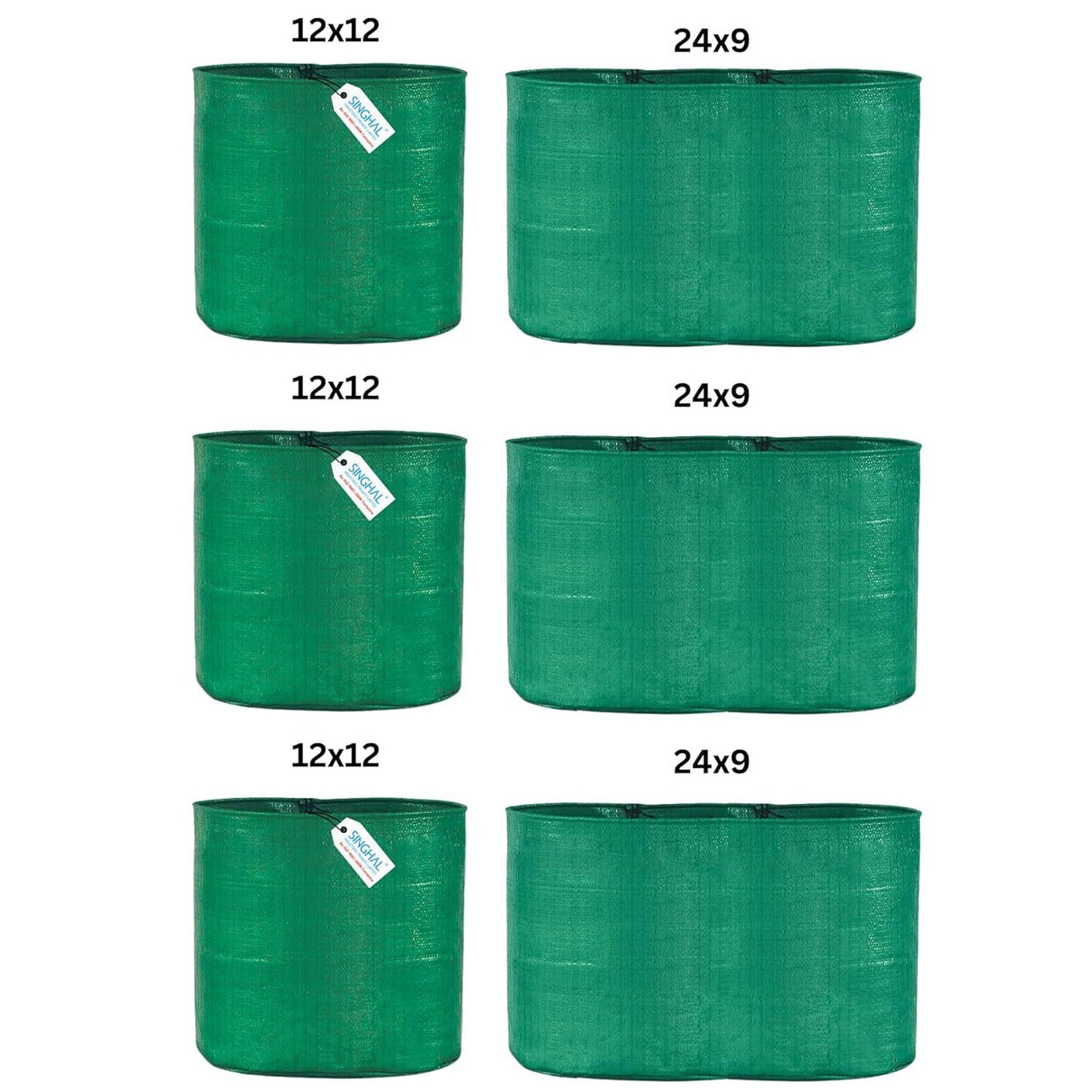 Singhal HDPE UV-Protected Round Plant Grow Bags Combo - 12x12 and 24x9 Inches (Set of 6 Bags, 3 of Each Size) for Terrace and Vegetable Gardening