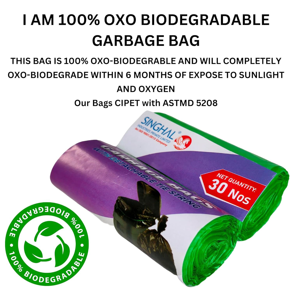 Singhal Compostable Garbage Bags 17 X 19 Inches (Small Size) 90 Bags (3 Rolls) Dustbin Bag/Trash Bag - Green Color | With Easy Tie-Tapes