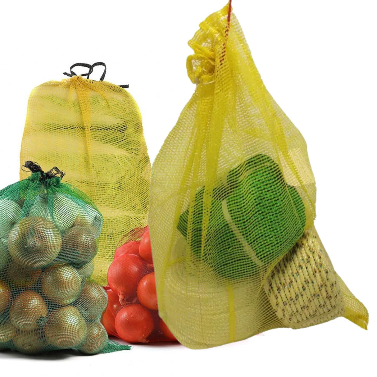 Pack of 25 SINGHAL Multipurpose Storage Bags with Drawstring – Ideal for Vegetables, Laundry, and Firewood – Leno Mesh, 16x32 Inch, Yellow